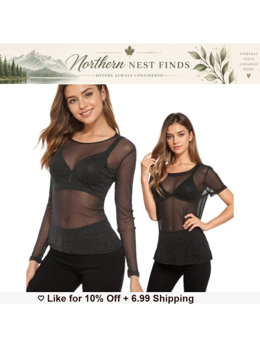 2-Pack Sheer Mesh Tops Long & Short Sleeve Slim Fit Clubwear